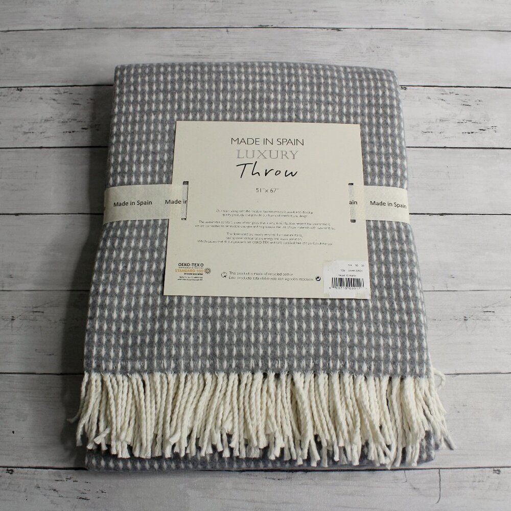 Made in Spain Throw Blanket Gray Cream with Fringe Cotton Blend